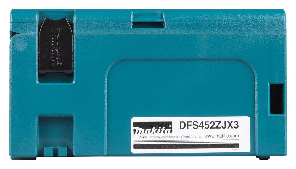 Pildil on Makita akukruvikeeraja DFS452ZJX3 hoiukarp, mis on türkiissinine ja millel on Makita logo.