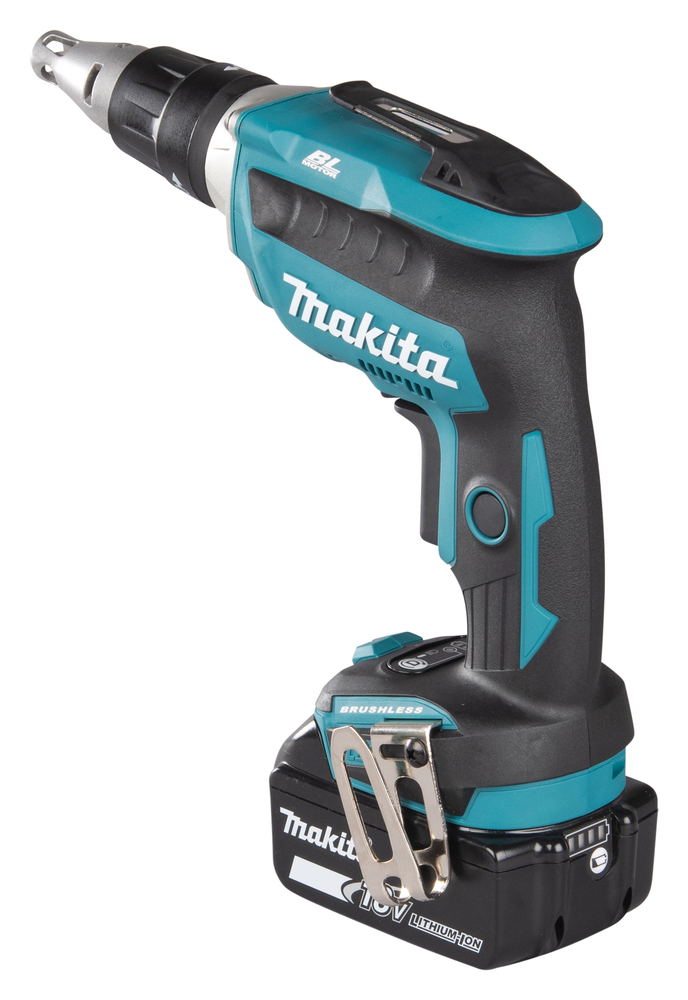 Pildil on Makita akukruvikeeraja DFS452ZJX3, millel on musta ja türkiissinise värviga korpus, aku ja tööriistapea.