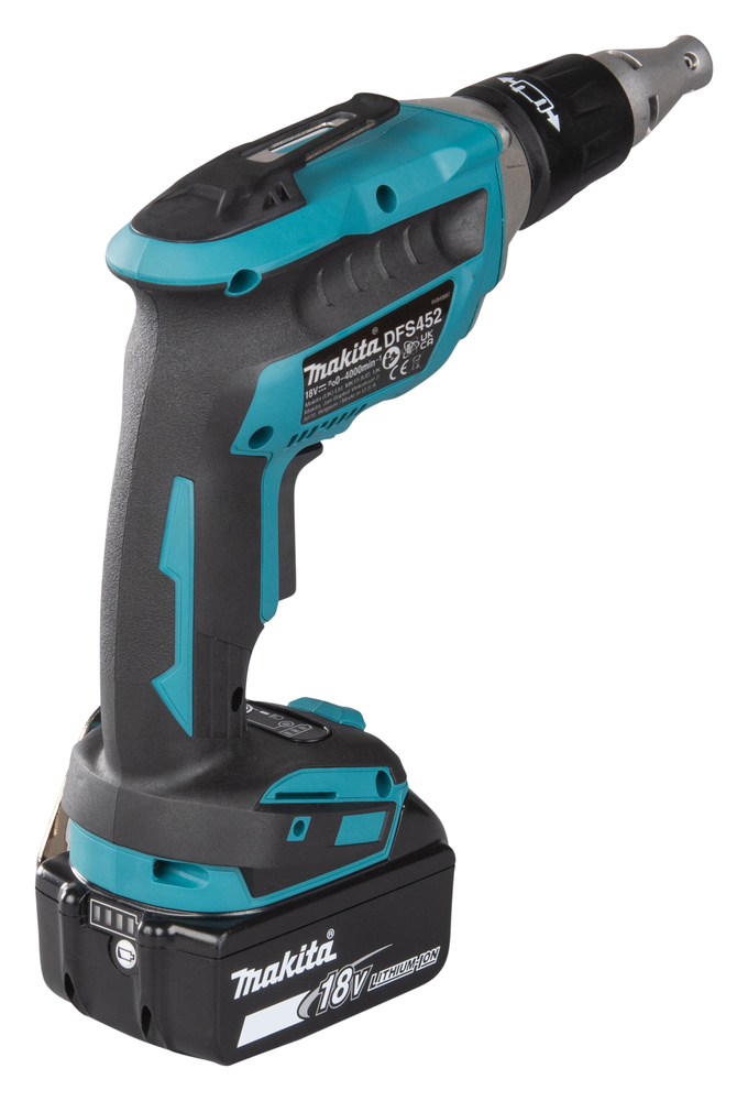 Pildil on Makita akukruvikeeraja DFS452ZJX3, mis on ilma aku ja laadijata, näidates seadme korpust ja disaini.