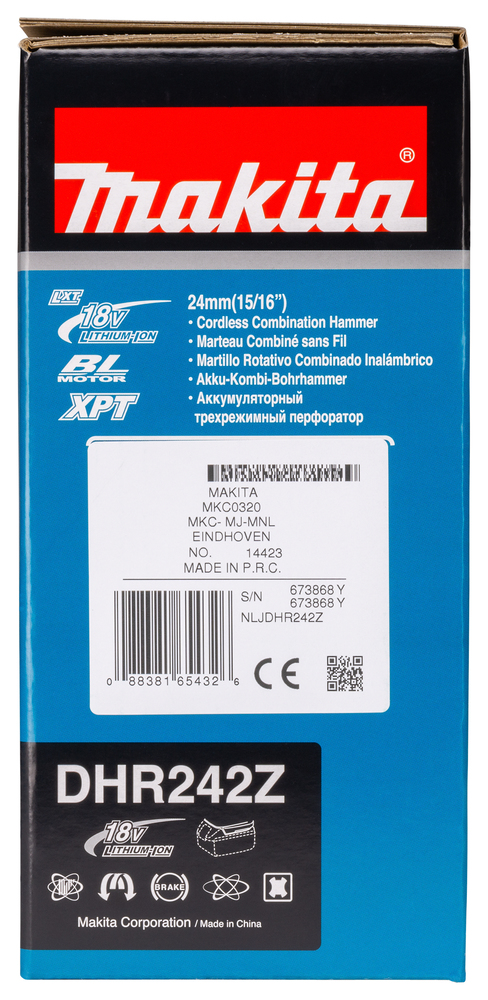 Pildil on Makita akupuurvasar DHR242Z, näidatud on selle pakend koos tooteteabe ja tehniliste andmetega.
