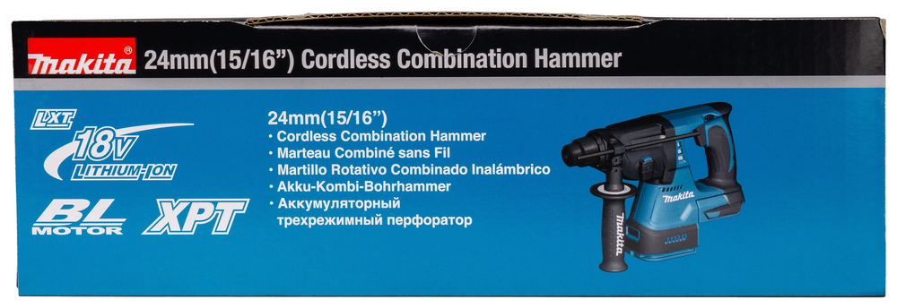 Pildil on sinisel taustal Makita akupuurvasara DHR242Z karp, millel on ka tööriista kujutis ja tehnilised andmed.