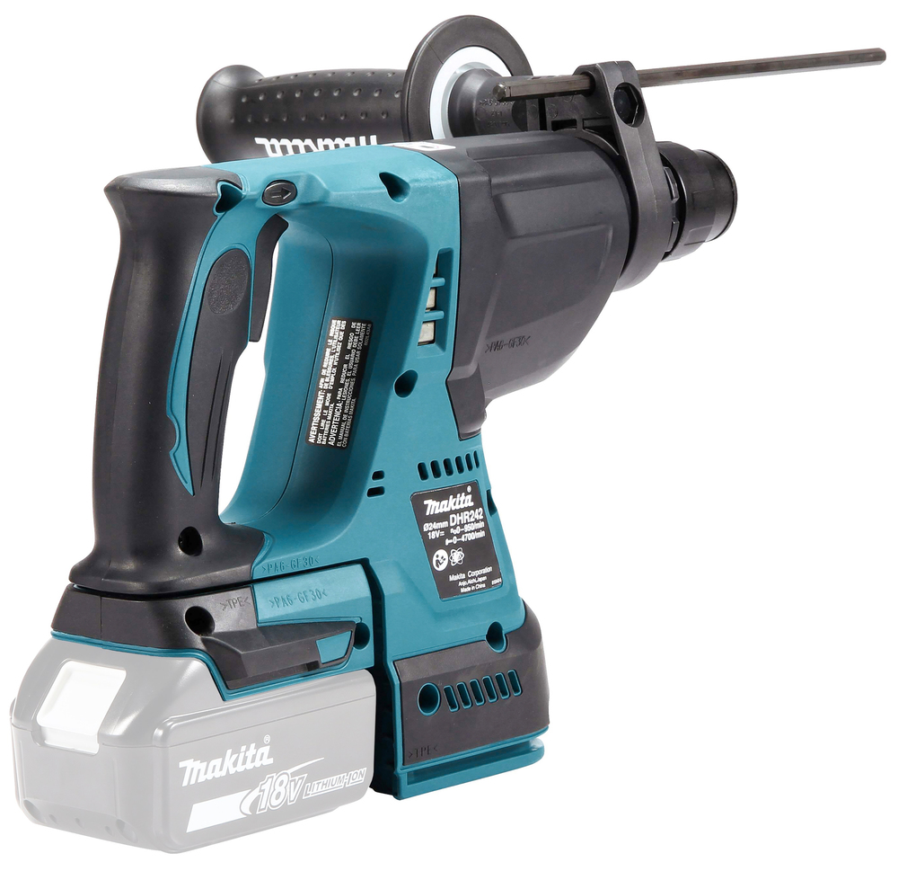Pildil on Makita akupuurvasar DHR242Z, nähtav on tööriista korpus koos abikäepidemega, aga aku ja puur otsaga.