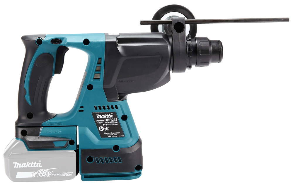 Pildil on Makita akupuurvasar DHR242Z, millel on aku ja kinnitus, mis võimaldab sügavuse mõõtmist.