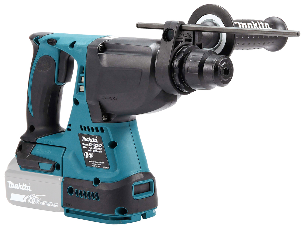 Pildil on Makita akupuurvasar DHR242Z, näidatud on seadme põhiosad.