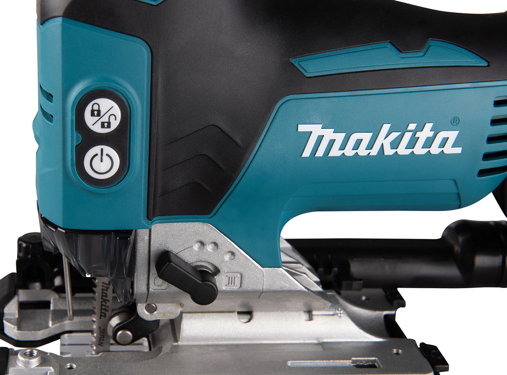 Pildil on detailne vaade Makita akutikksaele DJV181Z, kus on näha toote korpuse detailid, juhtnupud, saetera kinnitus...