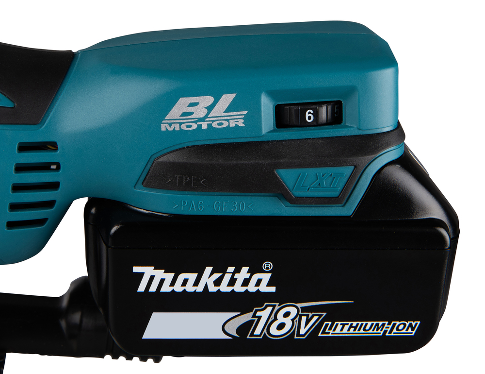 Pildil on Makita akutikksaag DJV181Z, millel on näha BL-motor, kiiruse reguleerija ja 18V LXT akupesa.