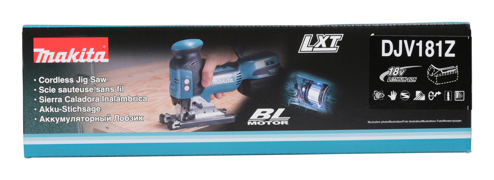 Pildil on Makita akutikksaagi DJV181Z karp, mis näitab toote pilti, mudeli nime, aku tüüpi ning muid andmeid.