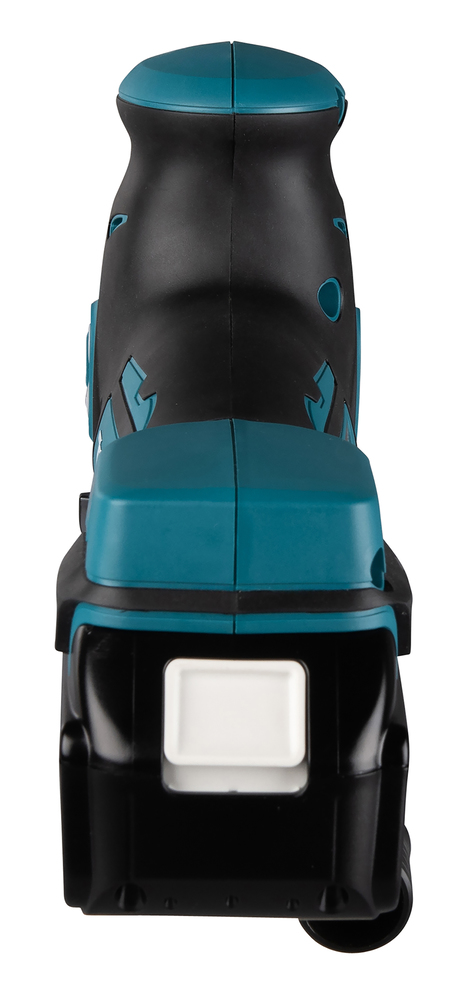 Pildil on ülevalt vaade Makita akutikksaele DJV181Z, kus on näha sae korpus, mis on musta ja türkiisivärvi...