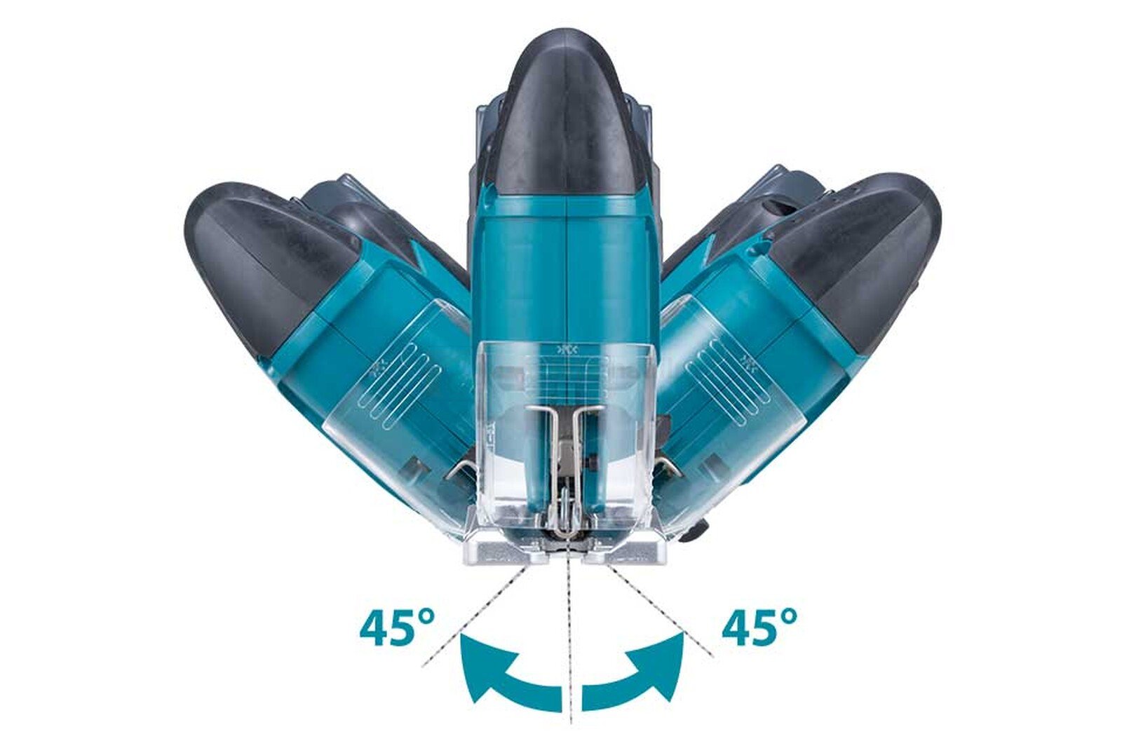 Pildil on Makita akutikksaag DJV186Z, mis on näidatud erinevate nurkade all, demonstreerides sae kaldenurka 45 kraadi.