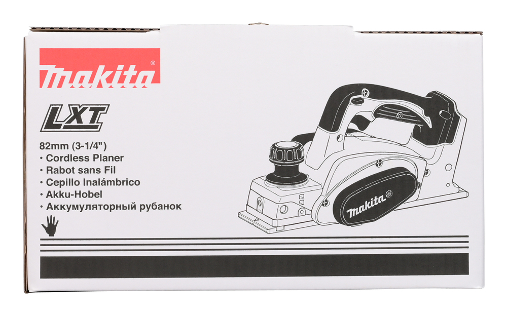 Pildil on Makita akuhöövel DKP180Z, millel on peal detailid ja logo.