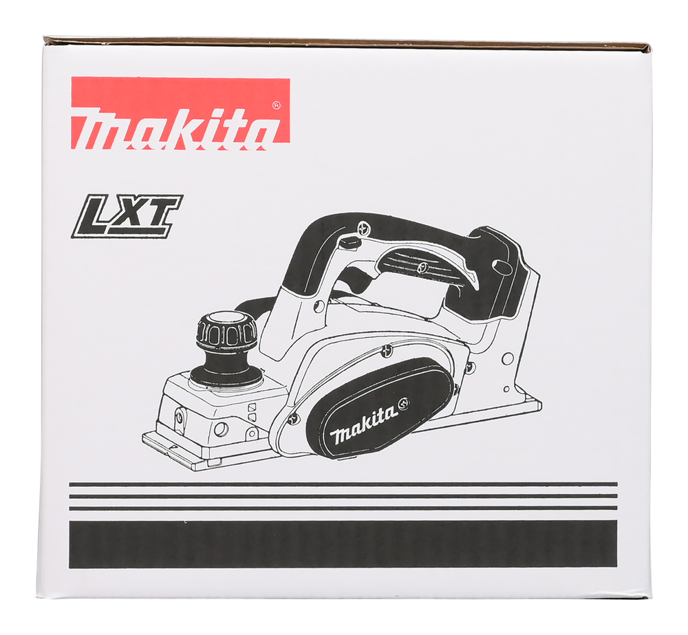 Pildil on valge karp, mille peal on Makita akuhöövel DKP180Z kujutis.