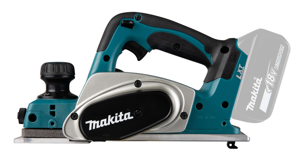 Pildil on Makita akuhöövel DKP180Z, millel on Makita logo, ja näha on selle tööriista konstruktsiooni ja detaile.