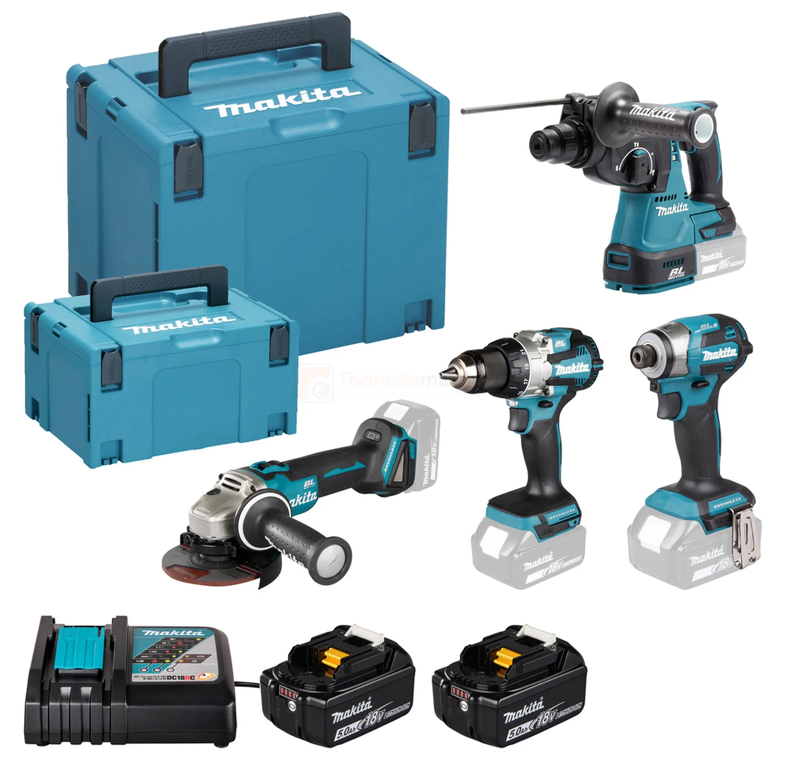 Pildil on Makita DLX4200JX1 combokit, mis sisaldab mitmeid erinevaid tööriistu nagu akutrell, löökmutrikeeraja...