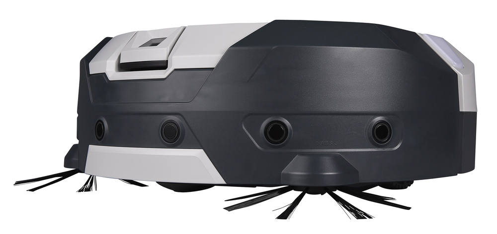 Pildil on Makita robottolmuimeja DRC300Z, millel on hallid ja valged osad, külgharjad ja mitu nuppu.