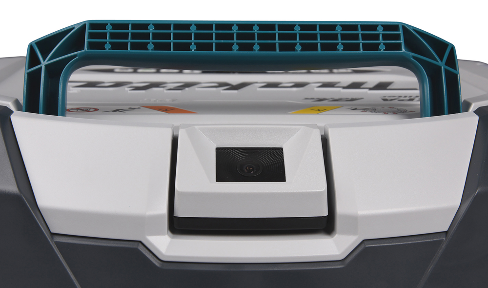 Pildil on detailne vaade Makita DRC300Z robottolmuimeja peale, kus on näha sinine käepide ja keskne must kaamera.