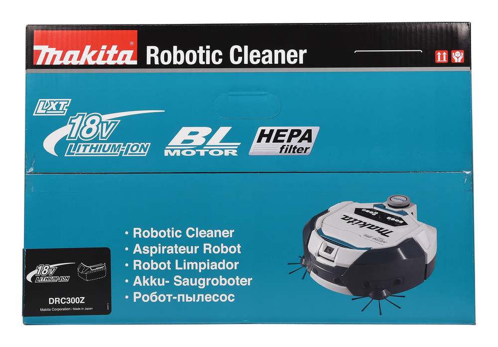 Pildil on Makita robottolmuimeja DRC300Z pakend, mis on valge-musta värvi ja millel on peal erinevad funktsioone ja...