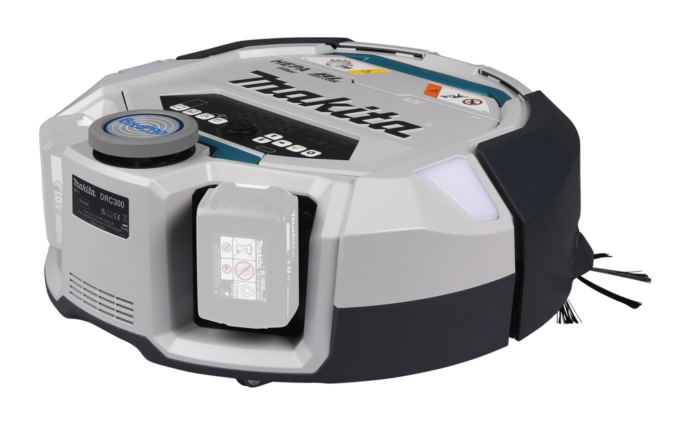 Pildil on hall-must Makita robottolmuimeja DRC300Z, millel on peal Makita logo ja ekraan, küljel aku ja hari, ning mis...