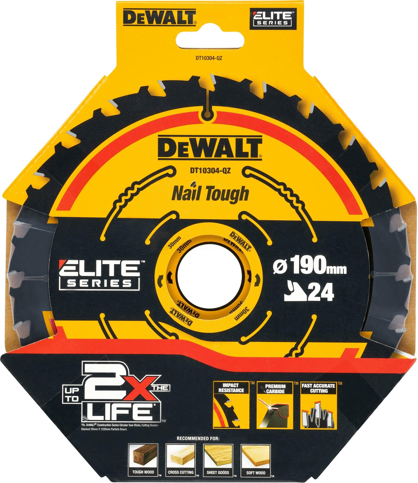 Pildil on DeWalt Extreme 190 x 30 mm Z24 saeketas, mis on pakitud kollasesse ja musta värvi karpi.