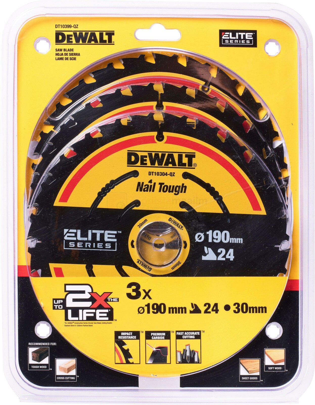 Pildil on DeWalt saekettad, mis on pakitud kolmekaupa ja millel on näha nende tehnilised andmed.