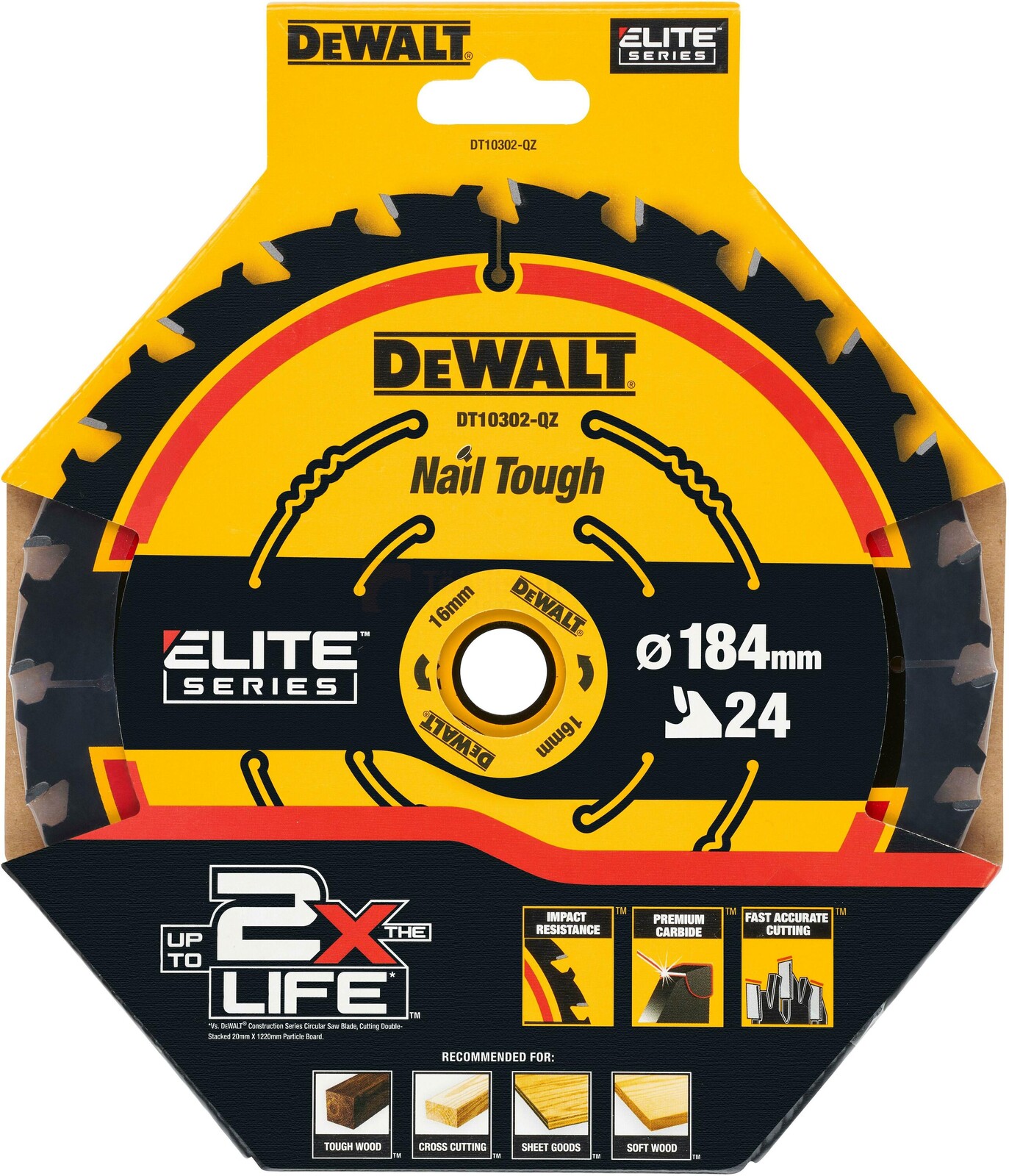 Pildil on DeWalt ELITE Nail Tough saeketas, millel on näha pakend ja saeketta detailid.