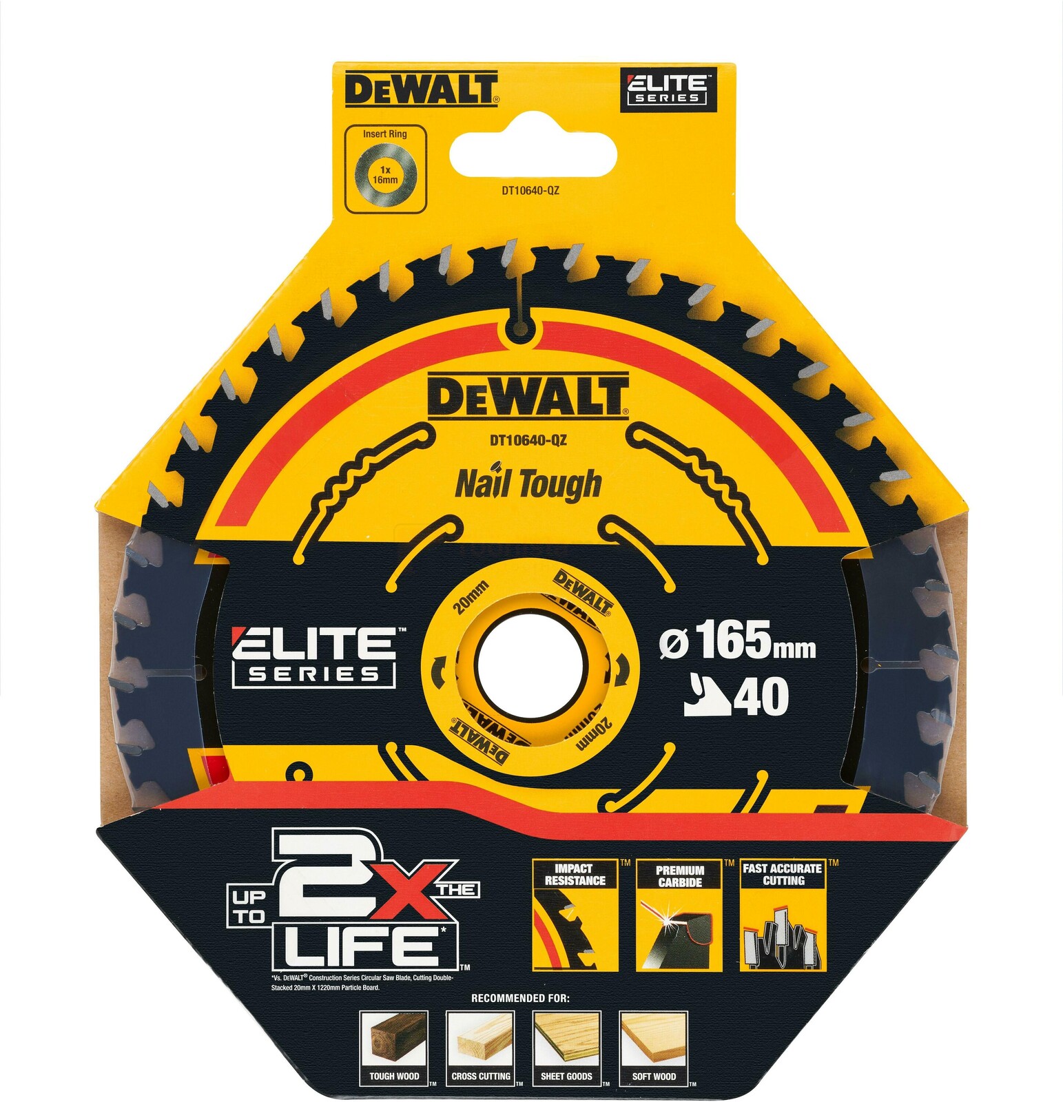 Pildil on DeWalt Extreme saeketas, millel on 165 mm läbimõõt, 20 mm ava ja 40 hammast, mis on pakitud kollasesse ja musta...