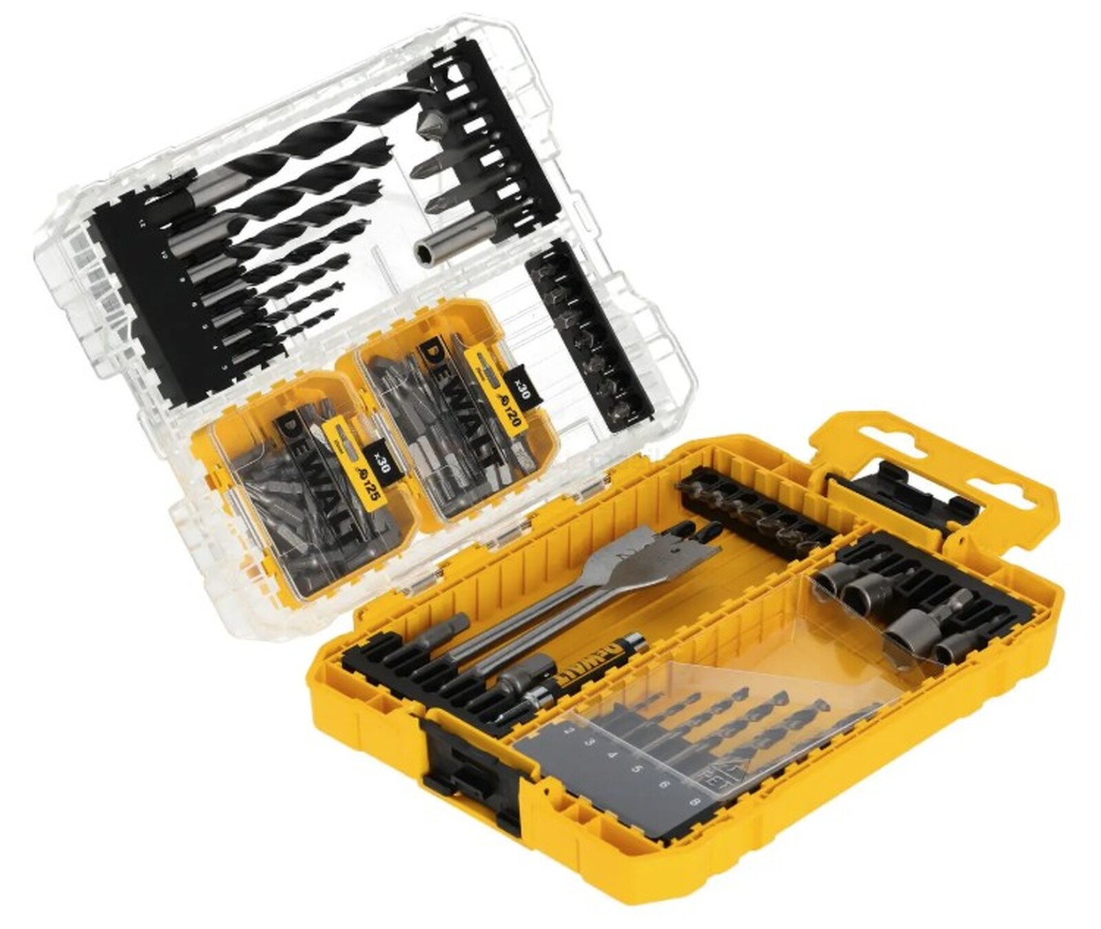 Pildil on avatud DeWalt otsakute ja puuride komplekt, mis sisaldab erinevaid puure ja otsakuid.