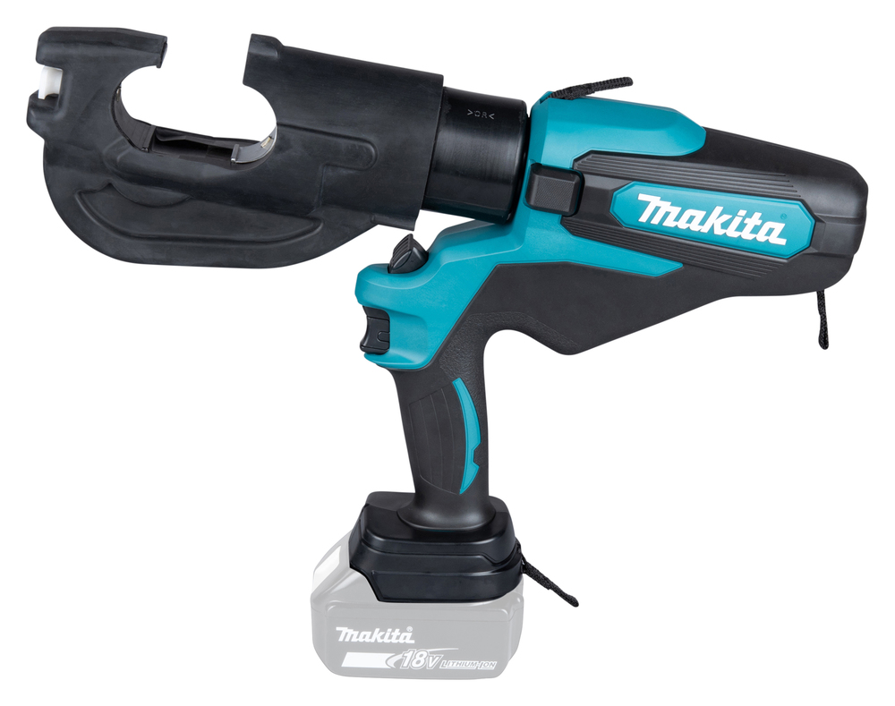 Pildil on Makita akukaablipress DTC302ZK, ilma aku ja laadijata, nähtavana on pressi ots ja aku kinnitus.