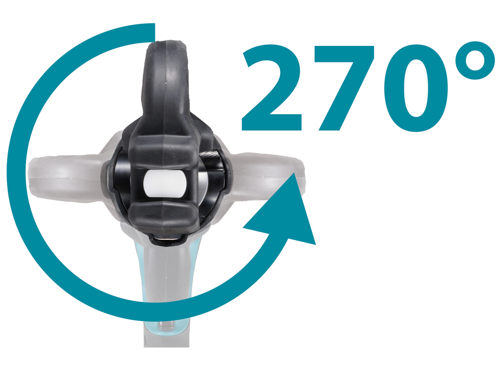 Pildil on Makita akukaablipress DTC302ZK, ilma aku ja laadijata, mis näitab seadme pea pöörlemisvõimalust 270 kraadi...