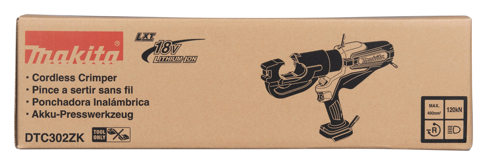 Pildil on Makita akukaablipressi DTC302ZK karp, millel on näha toote joonis ja kirjeldused.