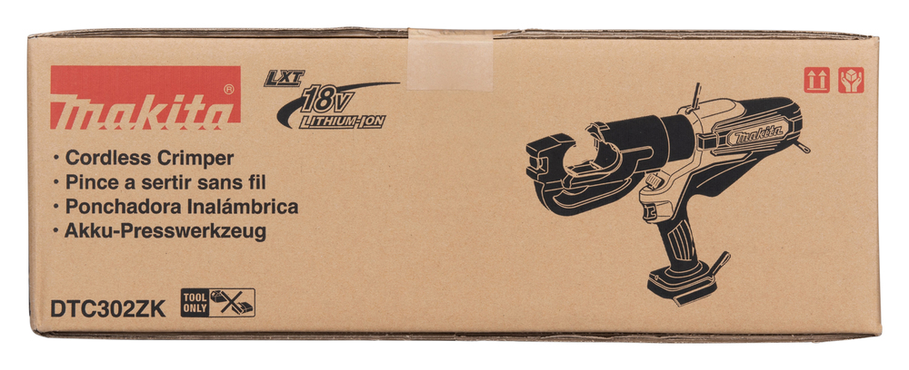 Pildil on Makita DTC302ZK akukaablipressi karp, mis sisaldab toote pilti, kirjeldusi ja muid tehnilisi andmeid.