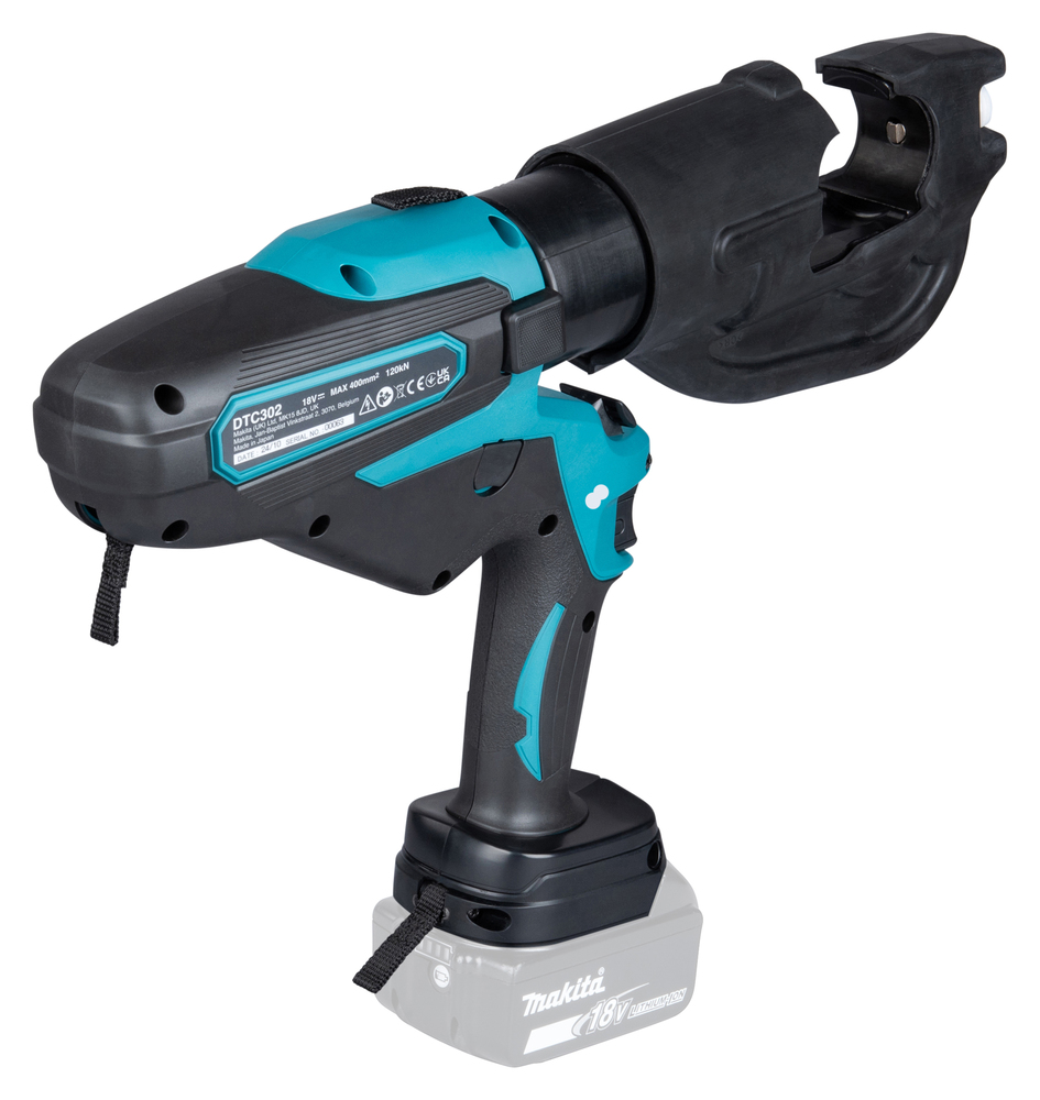 Pildil on Makita akukaablipress DTC302ZK, mis on varustatud kaitsekorgiga kaablite pressimiseks, aku ja laadija on eraldi.