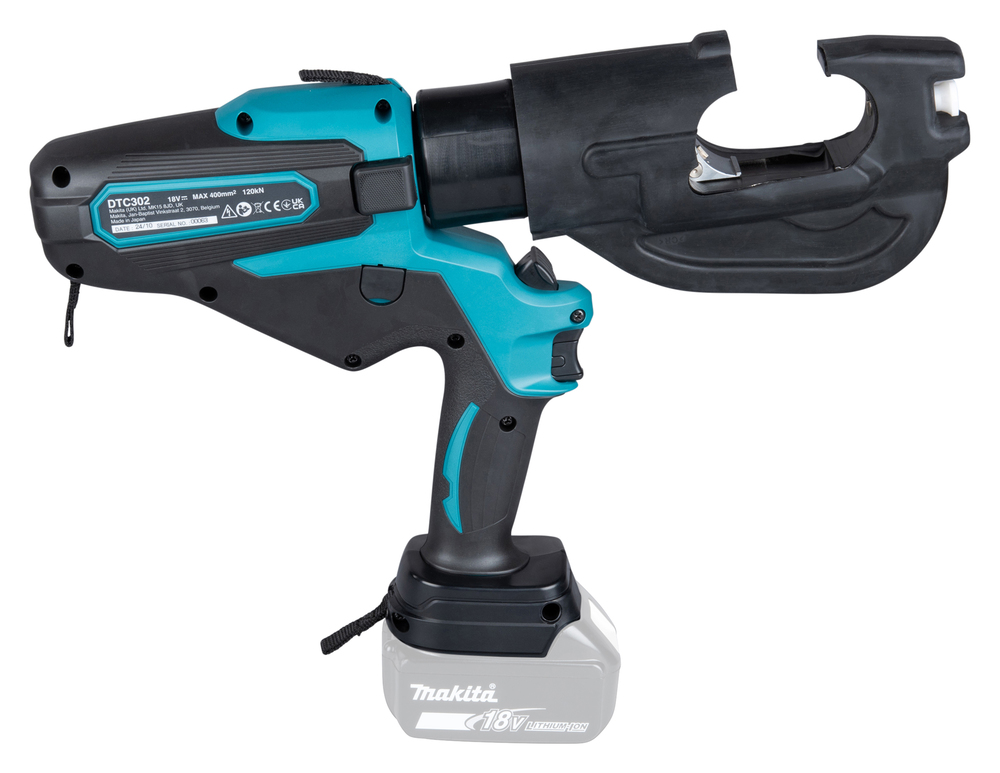 Pildil on Makita akukaablipress DTC302ZK, mida kasutatakse kaablite pressimiseks, koos akuga ja pressimispeaga.