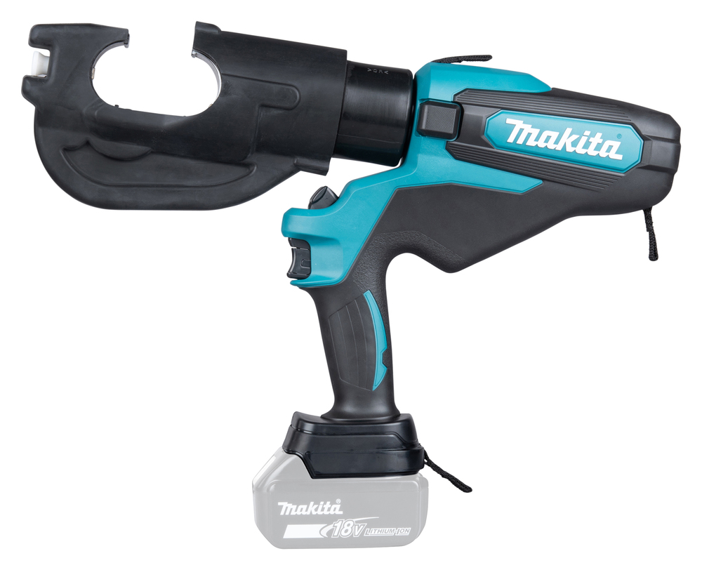 Pildil on Makita akukaablipress DTC302ZK, mis on ilma aku ja laadijata, näidates seadme pea, käepideme ja akupesa kujundust.