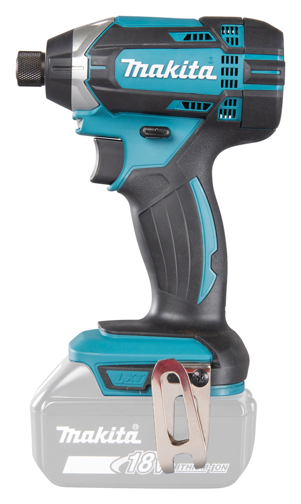 Pildil on Makita akulöökkruvikeeraja DTD152Z, millel on aku külge kinnitatud klamber.