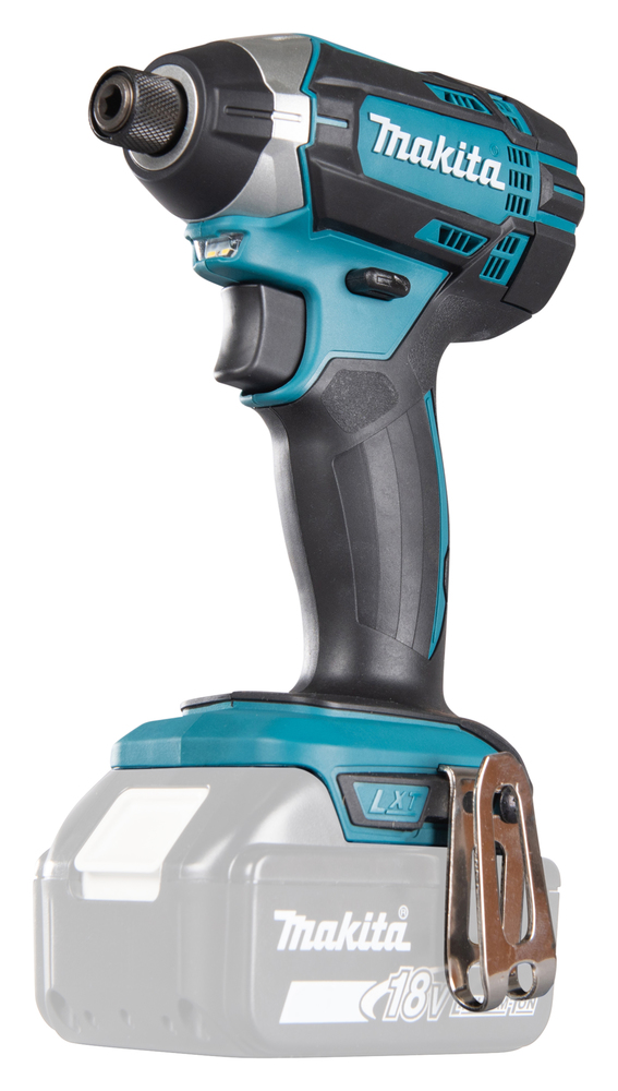 Pildil on Makita akulöökkruvikeeraja DTD152Z, millel on kinnitatud aku, kinnitusklamber ja nähtavad erinevad detailid.