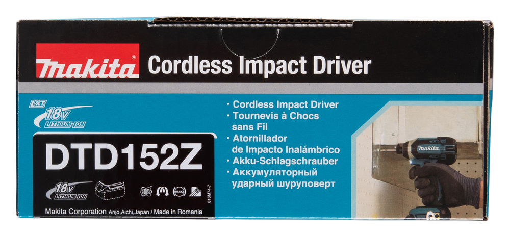 Pildil on Makita akulöökkruvikeeraja DTD152Z karp, millel on kirjas toote nimetus, spetsifikatsioonid ja tootepilt.