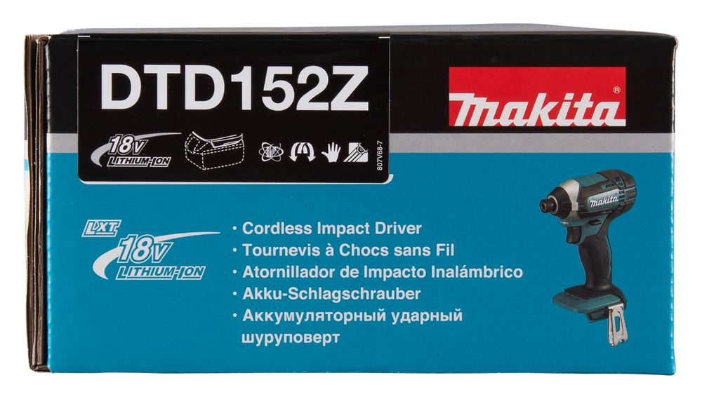 Pildil on Makita akulöökkruvikeeraja DTD152Z karp, mis näitab toote nime, tehnilisi andmeid ja toote pilti.