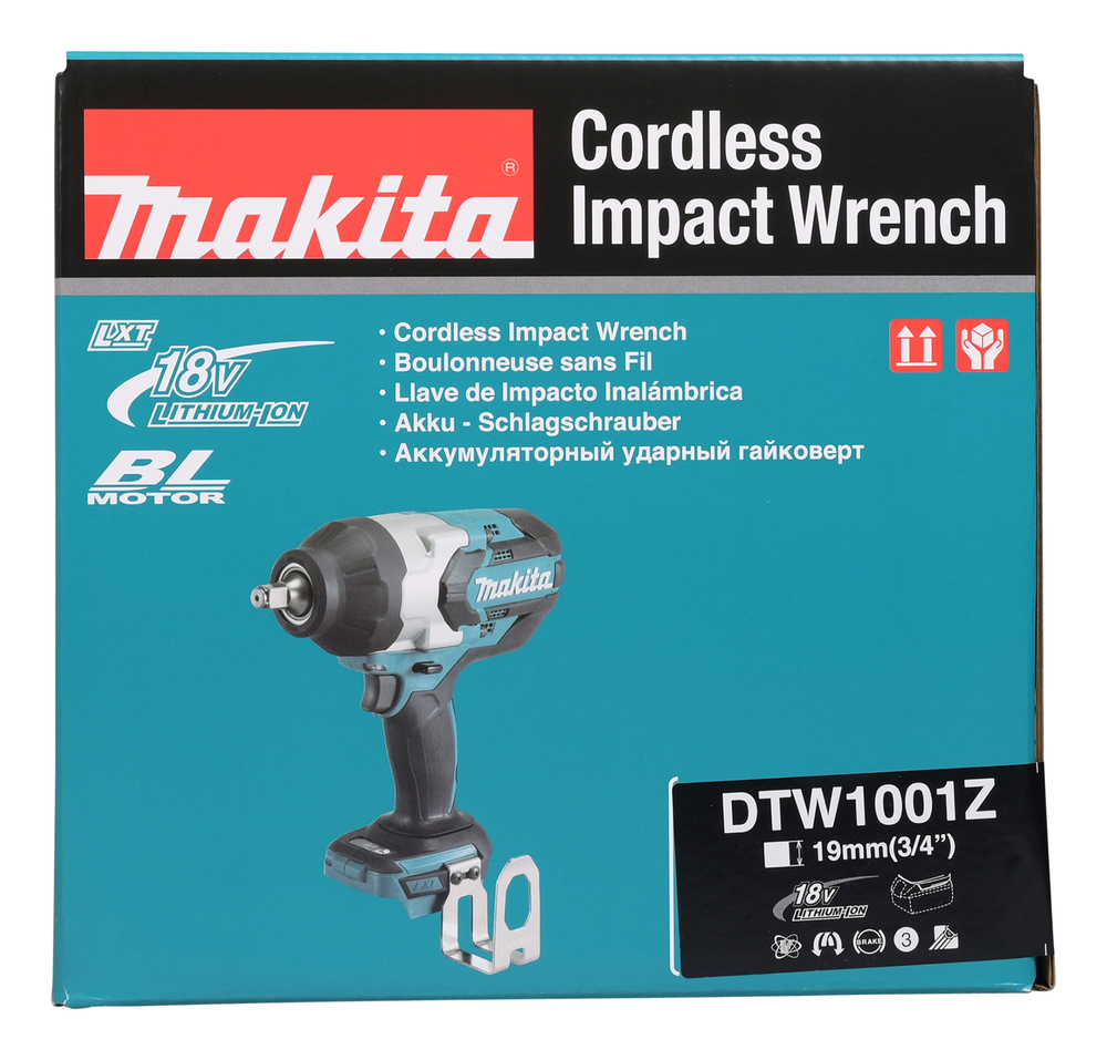 Pildil on Makita akulöökmutrikeeraja DTW1001Z karp, millel on nähtavad toote tehnilised andmed ja seadme enda pilt.