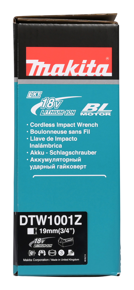 Pildil on Makita DTW1001Z akulöökmutrikeeraja karp, millel on logo ja toote kirjeldus.