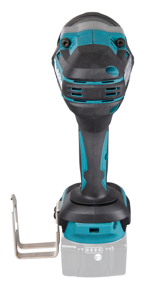 Pildil on tagantvaates Makita akulöökmutrikeeraja DTW1001Z, millel on kinnitatud vööklamber ja aku laetuse indikaator.