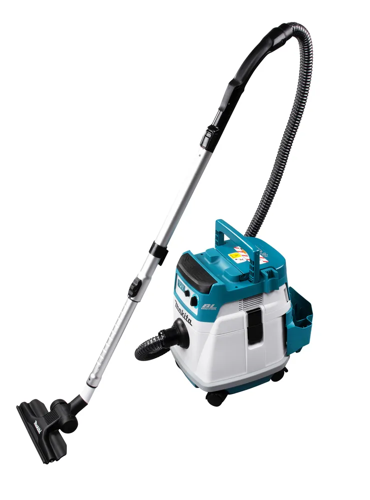 Pildil on Makita akutolmuimeja DVC156LZX1, millel on teleskoopvars ja turbiin.