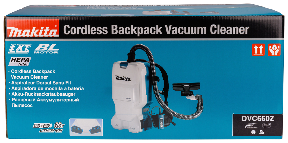 Pildil on Makita DVC660Z akutolmuimeja karp, millel on selgelt näha brändi logo ja toote nimetus "Cordless Backpack...