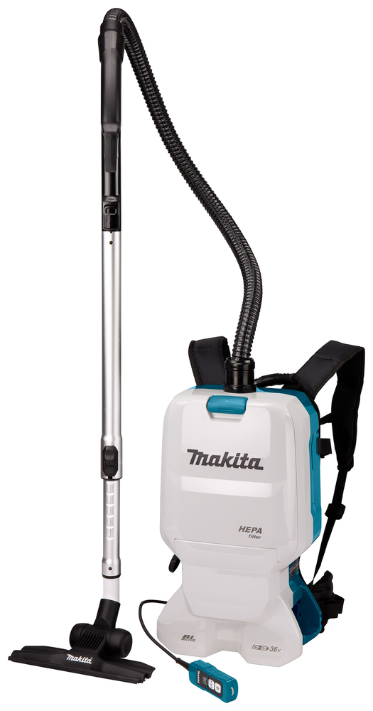 Pildil on näha Makita akutolmuimeja DVC660Z, mis koosneb seljakotina kantavast tolmukogumisseadmest ja teleskoopvarrega...