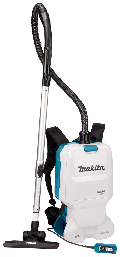 Pildil on Makita akutoitega seljakott-tolmuimeja DVC660Z, millel on HEPA filter ja mugav juhtpult.