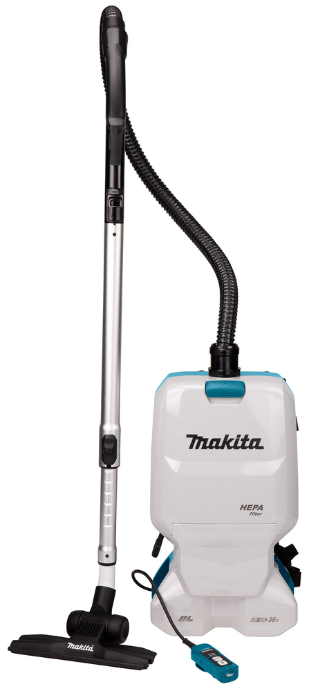 Pildil on näha Makita akutolmuimeja DVC660Z koos toru, otsiku ja juhtpuldi, mis on valge ja türkiissinise värvi.