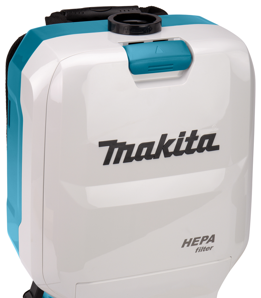 Pildil on Makita DVC660Z akutolmuimeja, mis on disainitud valge ja sinise värviga ning millel on nähtaval ka HEPA filter.
