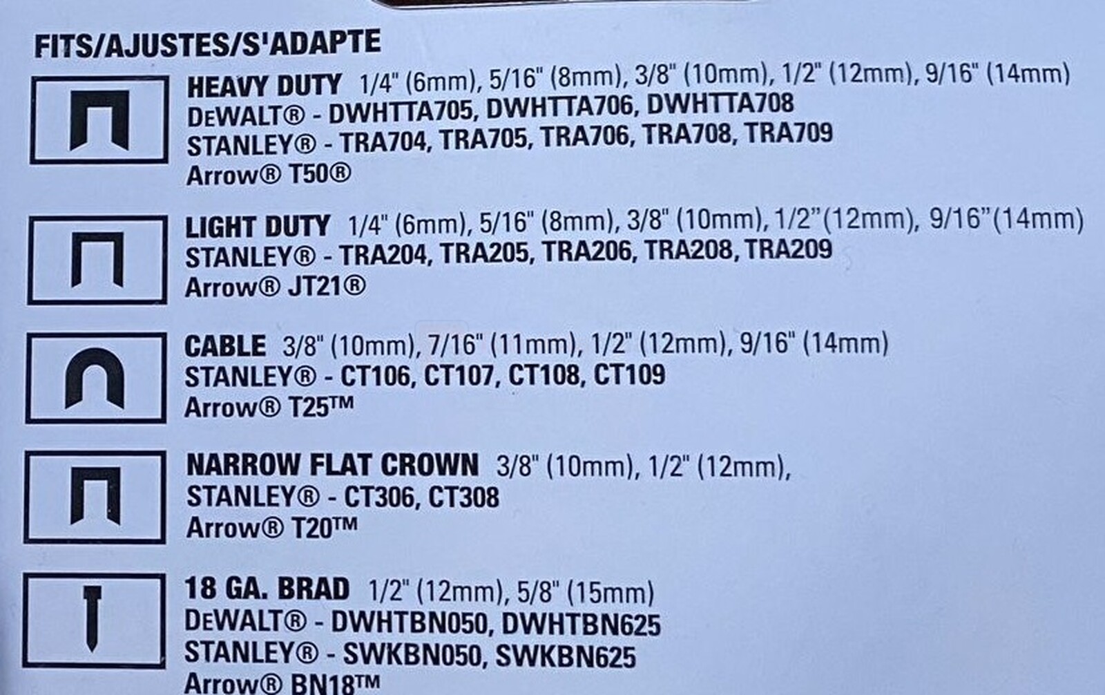 Pildil on näha tooteteave DeWalt naela- ja klambripüstoli DWHT0-TR510, 5-ühes kohta, mis näitab ühilduvaid klambri- ja...