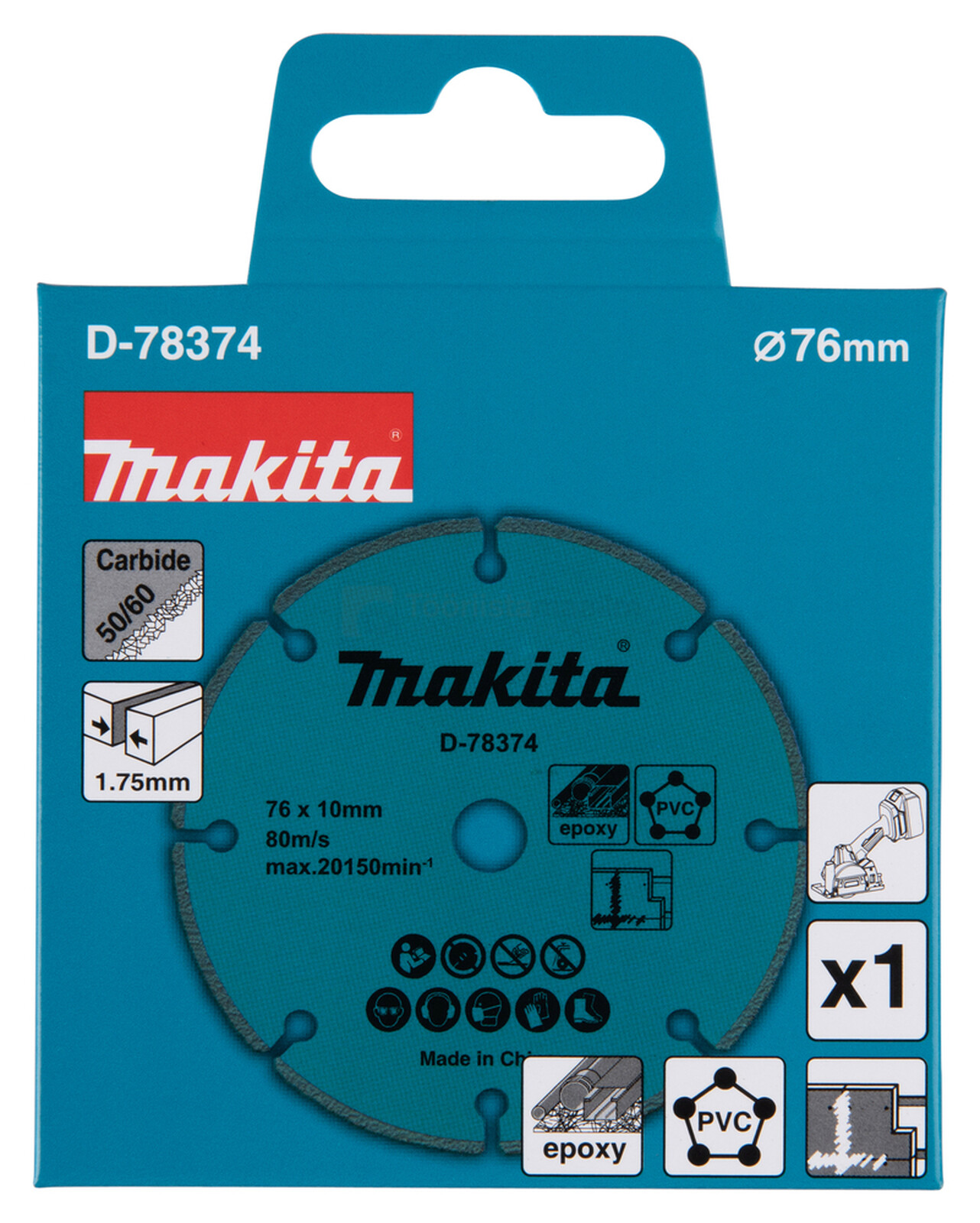 Pildil on Makita universaalne lõikeketas mõõtudega 76 x 10 mm, mis on pakendatud sinisesse karpi ja millel on näha ketta...