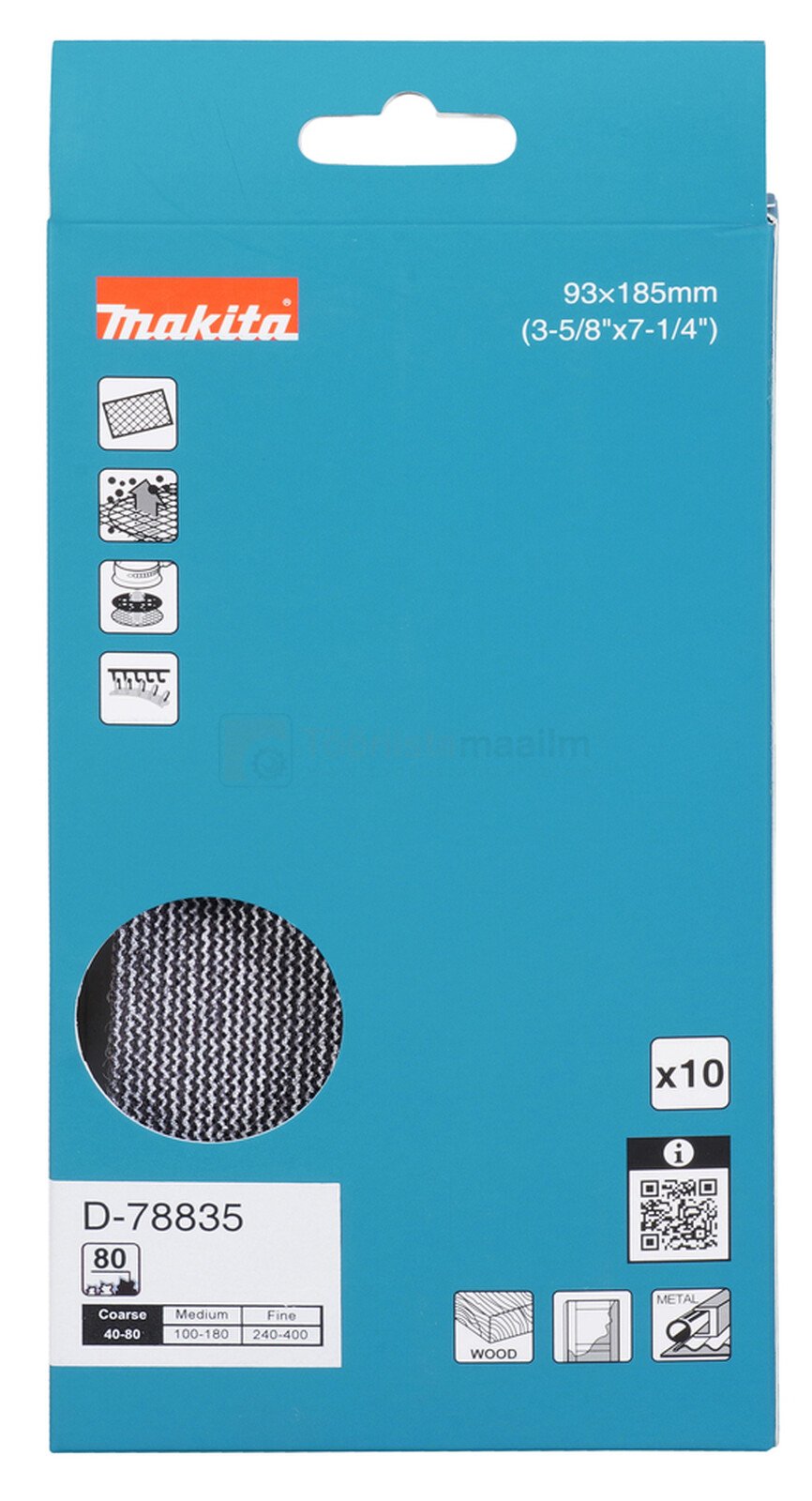 Pildil on Makita lihvvõrkude pakend, mis sisaldab 10 tükki mõõtmetega 93 x 185 mm.