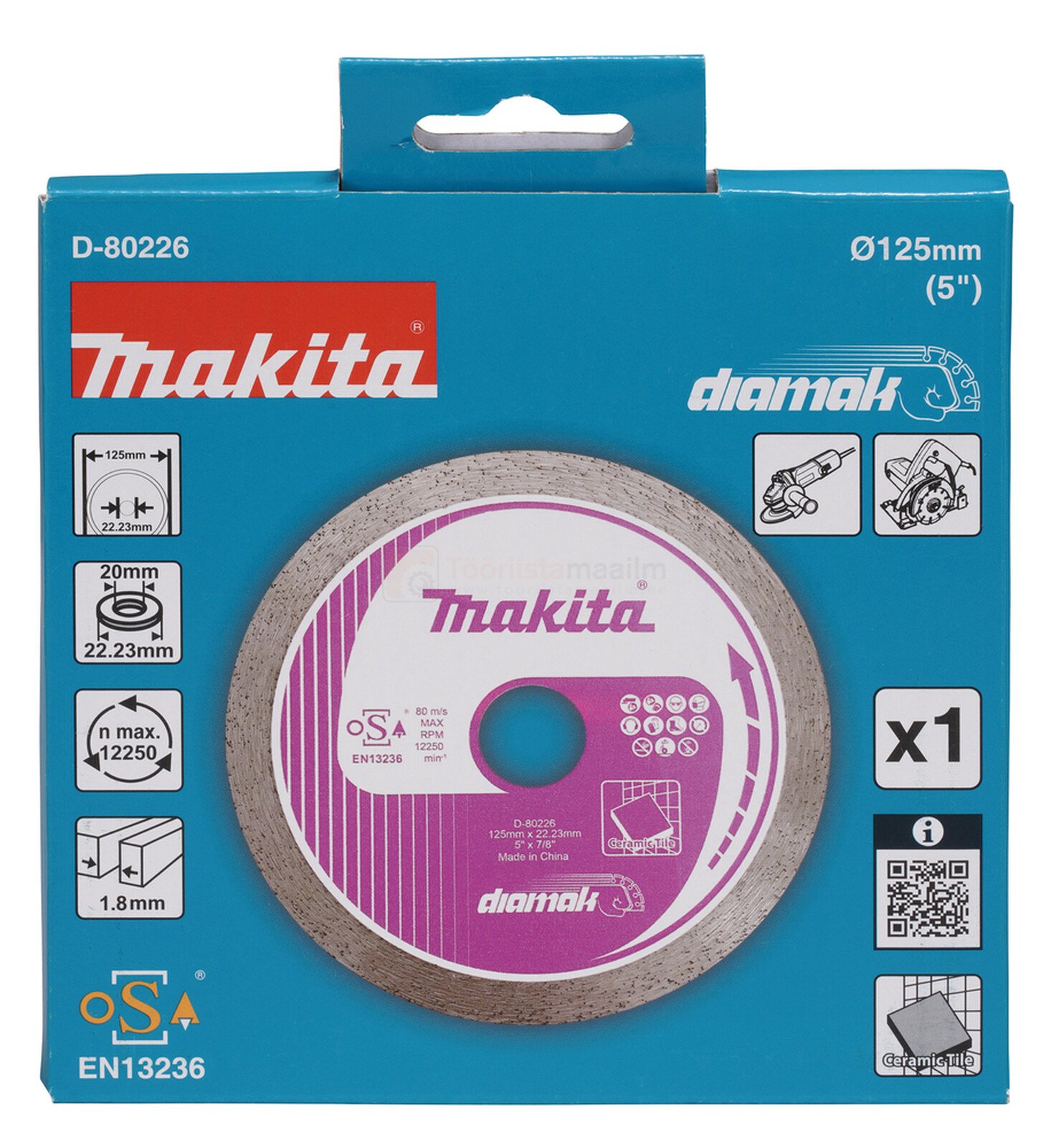 Pildil on Makita teemantlõikeketas DIAMAK 125x22,23/20x1,8 mm, mis on mõeldud keraamiliste plaatide lõikamiseks.
